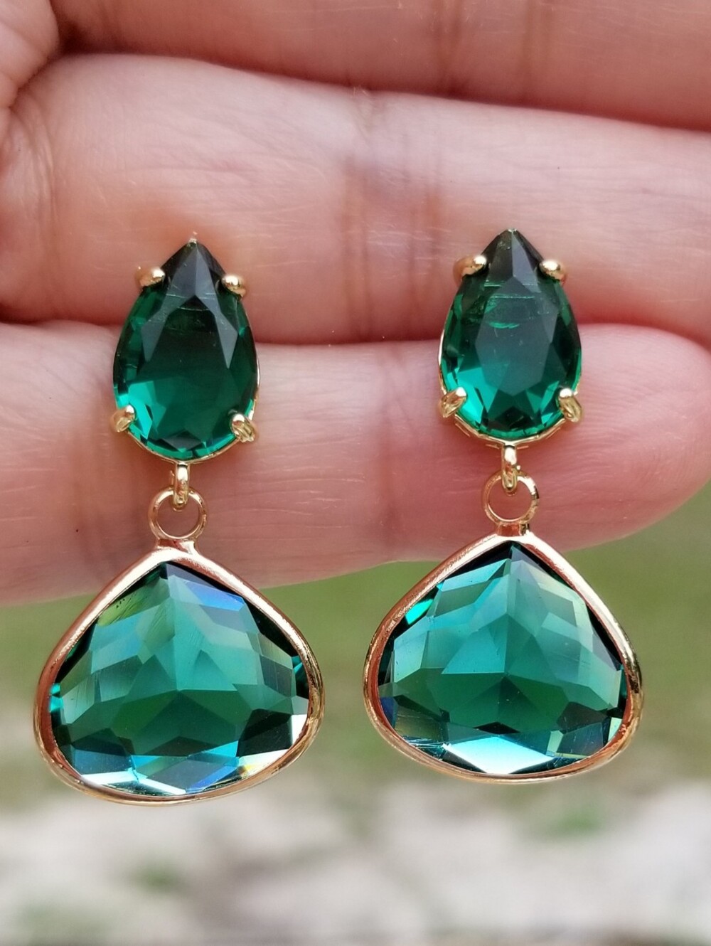 14k Gold Emerald Dangle Stud Earrings, Emerald Jewelry, Handmade Emerald Studs